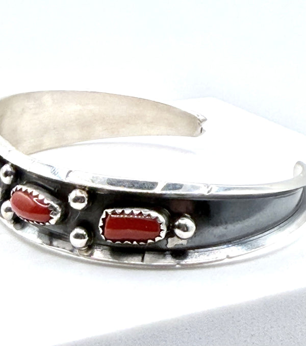 NATIVE HANDMADE CORAL ADJUSTABLE CUFF STAMPED BY RC (LA 65)