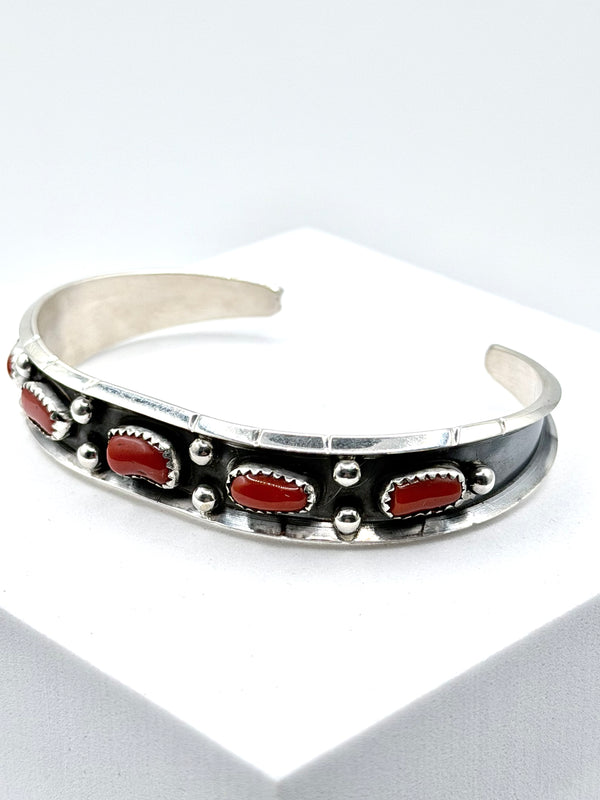 NATIVE HANDMADE CORAL ADJUSTABLE CUFF STAMPED BY RC (LA 65)