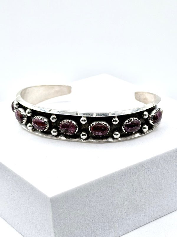 NATIVE HANDMADE PURPLE SPINY ADJUSTABLE CUFF STAMPED BY RC (LA 66)