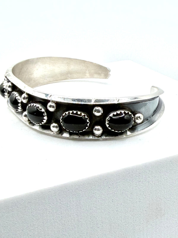 NATIVE HANDMADE BLACK ONYX ADJUSTABLE CUFF STAMPED BY RC (LA 68)