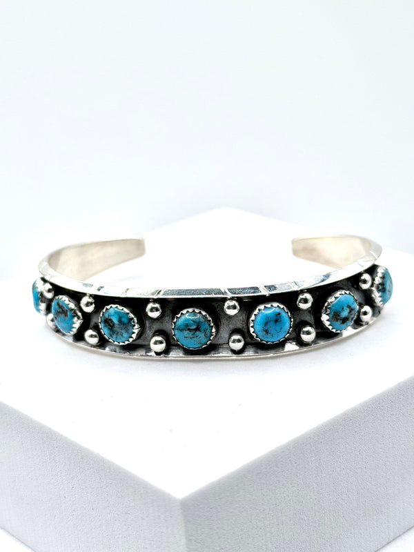 NATIVE HANDMADE MORENCI TURQUOISE ADJUSTABLE CUFF STAMPED BY RC (LA 69)