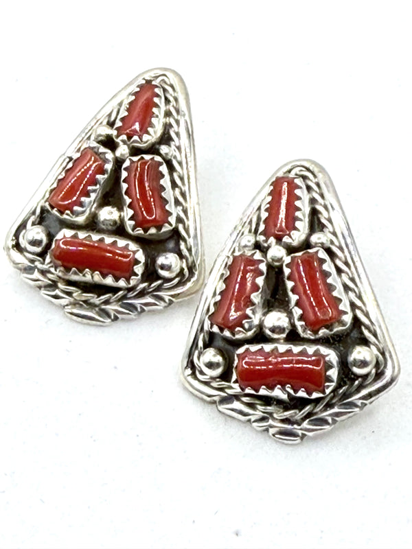 NATIVE HANDMADE CORAL STATEMENT POST BACK EARRINGS (LA 77)
