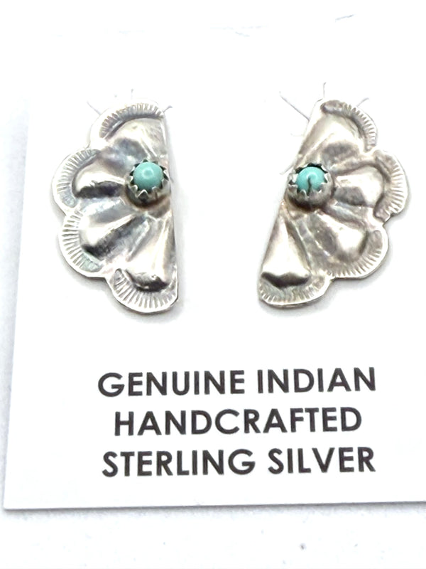 NATIVE HANDMADE KINGMAN TURQUOISE HALF CLUSTER CONCHO POST BACK EARRINGS (LA 79)
