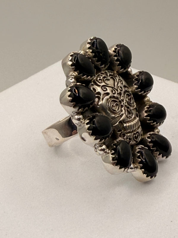 BLACK ONYX  CLUSTER SUGAR SKULL ADJUSTABLE SS RING (JR 142)