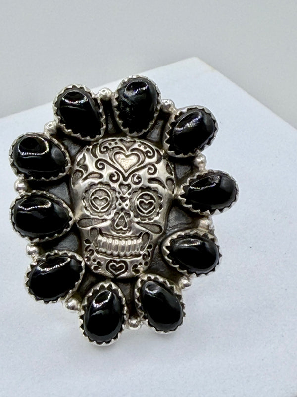 BLACK ONYX  CLUSTER SUGAR SKULL ADJUSTABLE SS RING (JR 142)