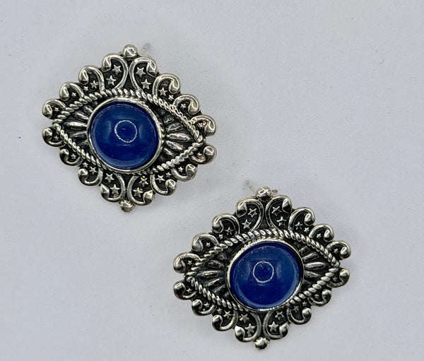 BLUE CHALCEDONY SS EVIL EYES POST BACK EARRINGS (JR 148)