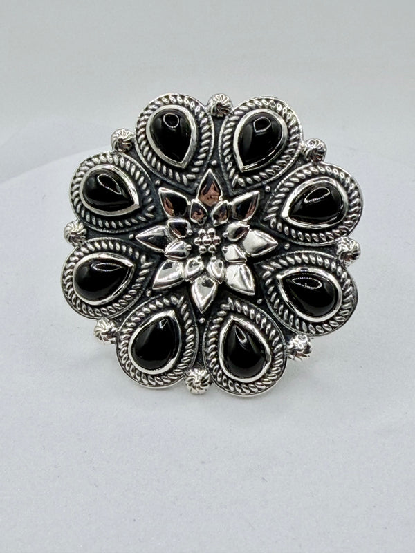 STERLING SILVER BLACK ONYX CLUSTER ADJUSTABLE RING (JR 152)