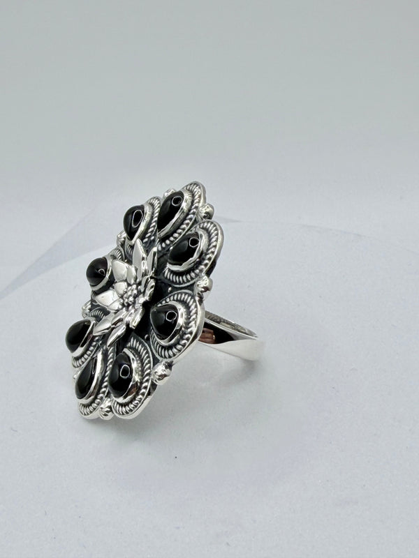 STERLING SILVER BLACK ONYX CLUSTER ADJUSTABLE RING (JR 152)