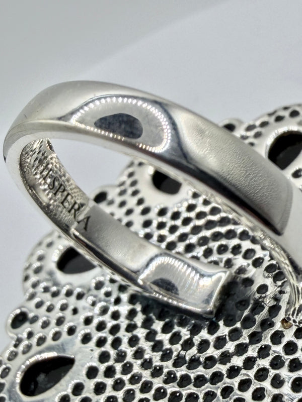 STERLING SILVER BLACK ONYX CLUSTER ADJUSTABLE RING (JR 152)