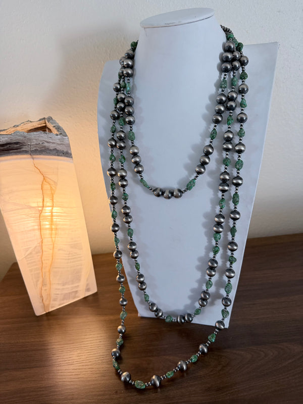 NATIVE HANDMADE GRADUATED NAVAJO PEARLS SONORAN GOLD TURQUOISE TRIPLE STRAND NECKLACE 23" 26" 30"  (MW 470)