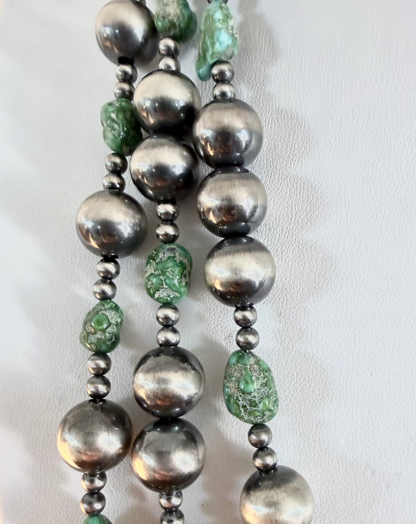 NATIVE HANDMADE GRADUATED NAVAJO PEARLS SONORAN GOLD TURQUOISE TRIPLE STRAND NECKLACE 23" 26" 30"  (MW 470)