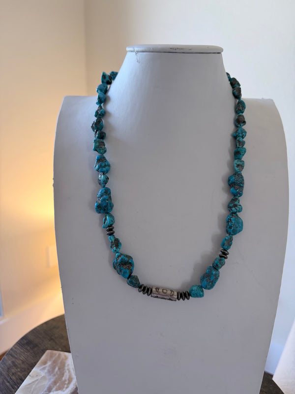 NATIVE HANDMADE BLUE GROTTO TURQUOISE SHOTGUNSHELL NECKLACE 24" (MW 473)