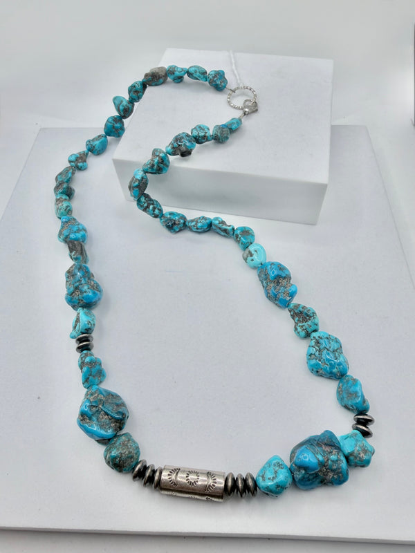 NATIVE HANDMADE BLUE GROTTO TURQUOISE SHOTGUNSHELL NECKLACE 24" (MW 473)
