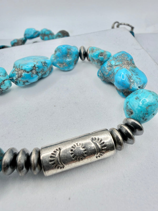 NATIVE HANDMADE BLUE GROTTO TURQUOISE SHOTGUNSHELL NECKLACE 24" (MW 473)