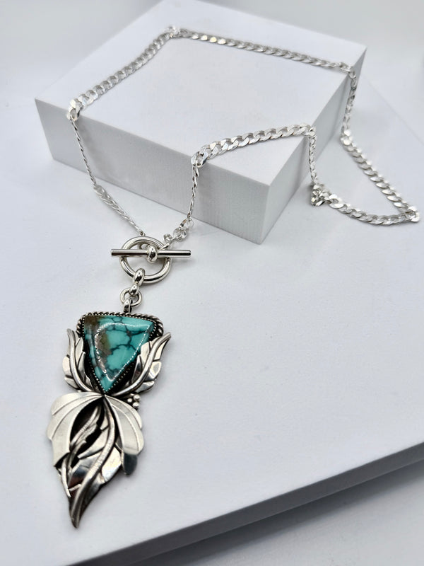 NATIVE HANDMADE LONE MOUNTAIN TURQUOISE STATEMENT TOGGLE NECKLACE 20" (MW 476)