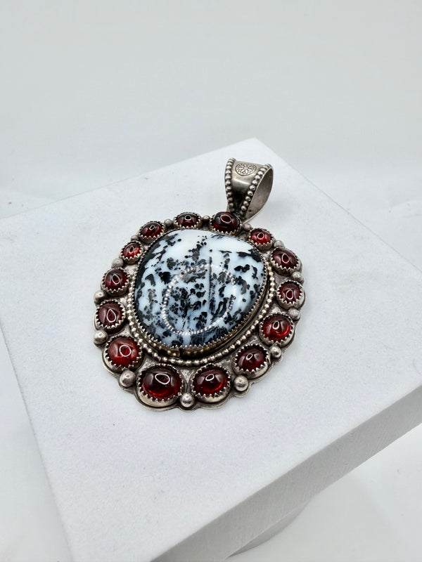 KURT CARD DENDRITIC OPAL & RED GARNET STATEMENT PENDANT 3" (MW 477)