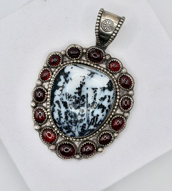 KURT CARD DENDRITIC OPAL & RED GARNET STATEMENT PENDANT 3" (MW 477)