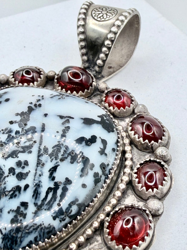 KURT CARD DENDRITIC OPAL & RED GARNET STATEMENT PENDANT 3" (MW 477)