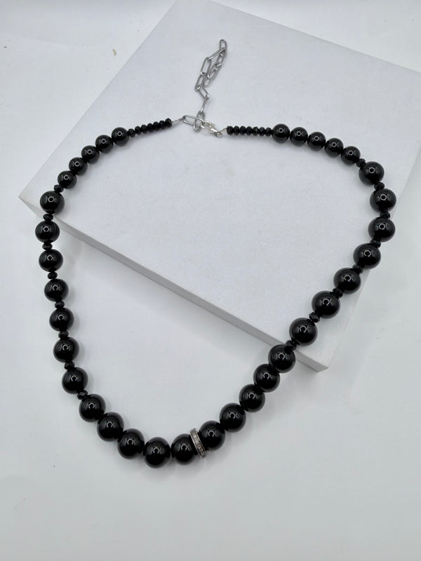 GRADUATED BLACK ONYX PEARLS ADJUSTABLE STERLNG SILVER NECKLACE (CO 148)