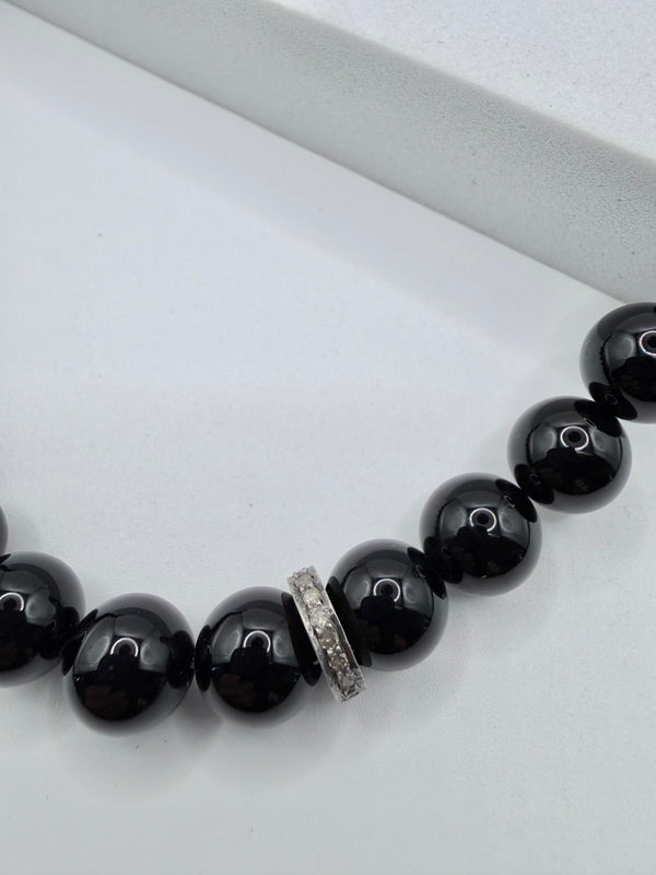 GRADUATED BLACK ONYX PEARLS ADJUSTABLE STERLNG SILVER NECKLACE (CO 148)