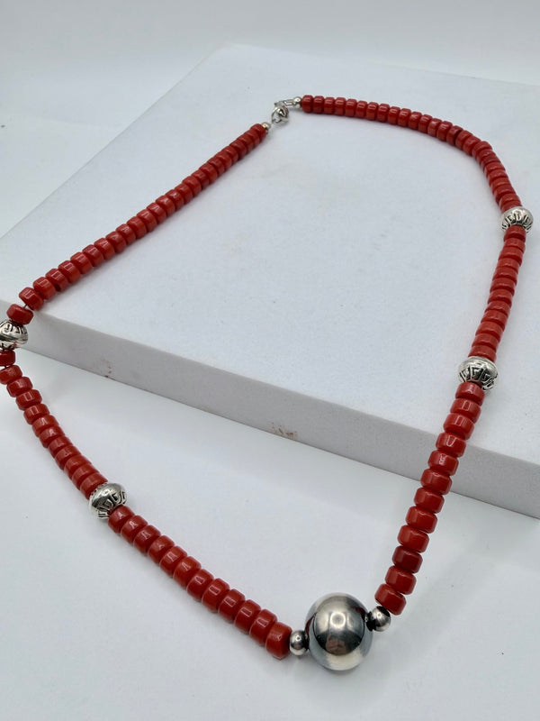 CORAL & NAVAJO PEARLS BEADED NECKLACE 17" (CO 153)