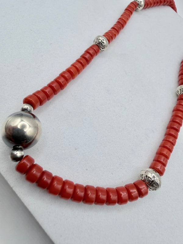 CORAL & NAVAJO PEARLS BEADED NECKLACE 17" (CO 153)