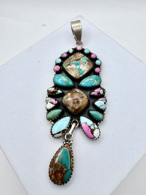 BOULDER RIBBON TURQUOISE & COTTON CANDY SS TURQUOISE CLUSTER PENDANT 3 1/4" (CG 14)