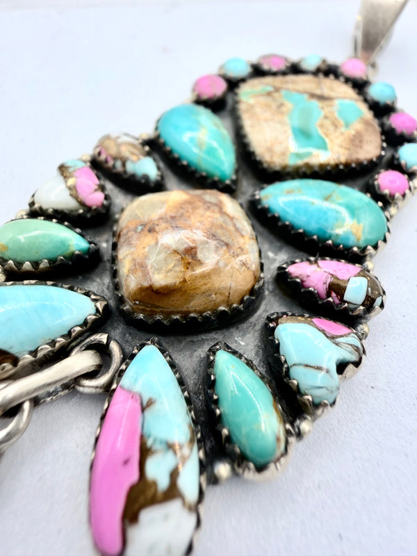 BOULDER RIBBON TURQUOISE & COTTON CANDY SS TURQUOISE CLUSTER PENDANT 3 1/4" (CG 14)