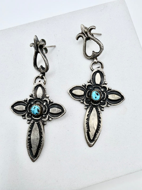 EL BILLAH NATIVE HANDMADE MORENCI TURQUOISE CROSS POST BACK EARRINGS (NP 65)