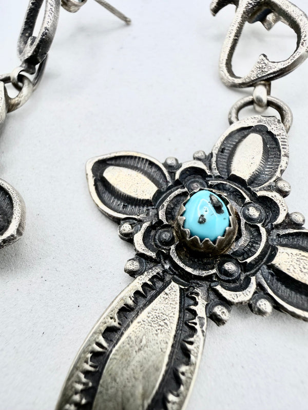 EL BILLAH NATIVE HANDMADE MORENCI TURQUOISE CROSS POST BACK EARRINGS (NP 65)