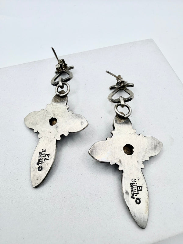 EL BILLAH NATIVE HANDMADE MORENCI TURQUOISE CROSS POST BACK EARRINGS (NP 65)