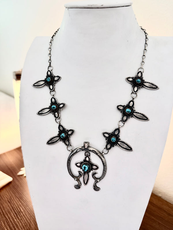 EL BILLAH NATIVE HANDMADE MORENCI TURQUOISE NAJA & CROSSES STATEMENT LARIAT 21" (NP 66)
