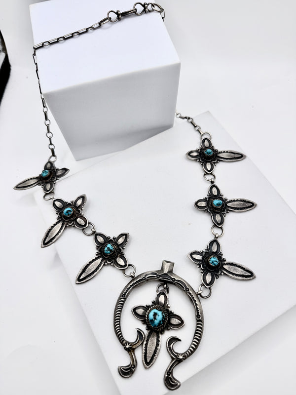 EL BILLAH NATIVE HANDMADE MORENCI TURQUOISE NAJA & CROSSES STATEMENT LARIAT 21" (NP 66)