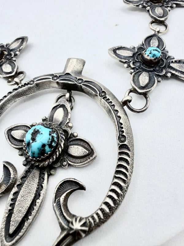 EL BILLAH NATIVE HANDMADE MORENCI TURQUOISE NAJA & CROSSES STATEMENT LARIAT 21" (NP 66)