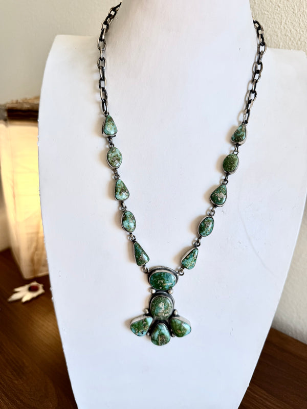 LYLE SECATERO NATIVE HANDMADE SONORAN GOLD TURQUOISE CLUSTER STATEMENT NECKLACE 24" (NP 69)