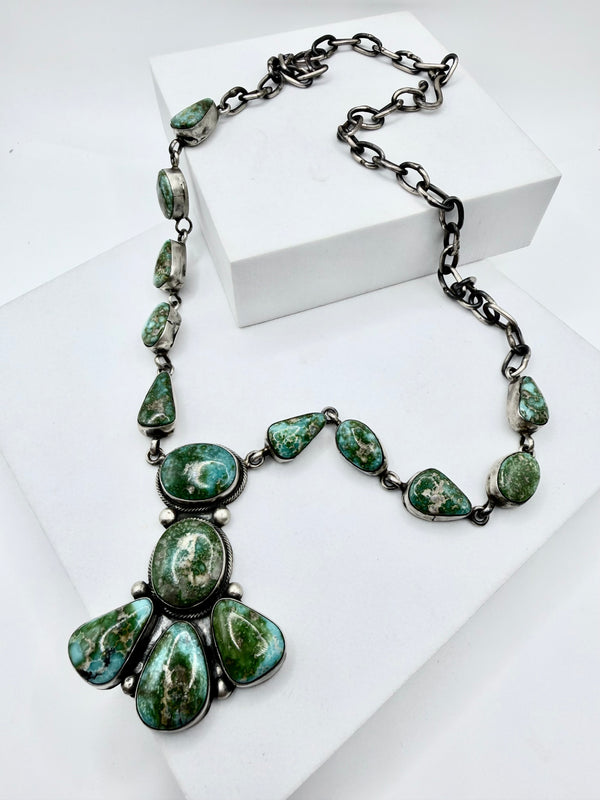 LYLE SECATERO NATIVE HANDMADE SONORAN GOLD TURQUOISE CLUSTER STATEMENT NECKLACE 24" (NP 69)