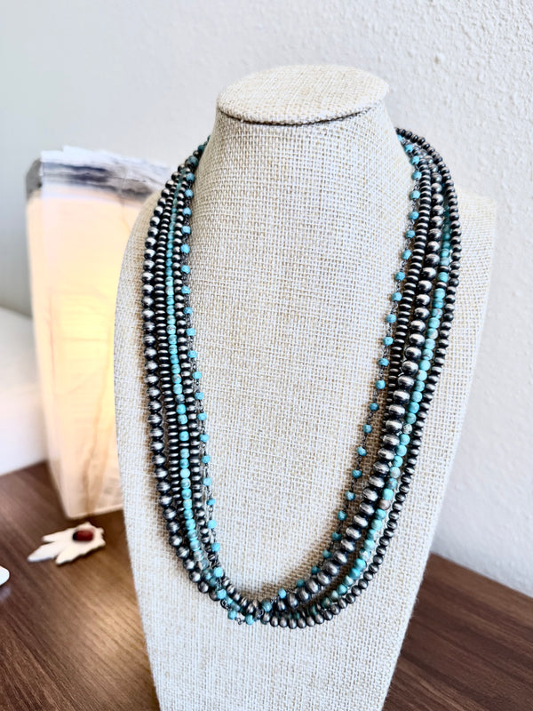 ERICK BEGAY NATIVE HANDMADE NAVAJO PEARLS & KINGMAN TURQUOISE BEADED MULTISTRANDS NECKLACE 21" (NP 71)