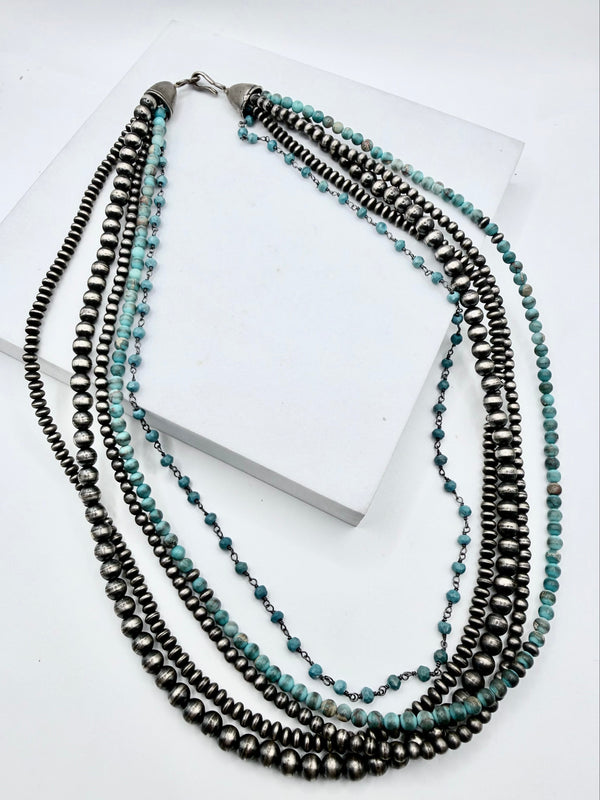 ERICK BEGAY NATIVE HANDMADE NAVAJO PEARLS & KINGMAN TURQUOISE BEADED MULTISTRANDS NECKLACE 21" (NP 71)