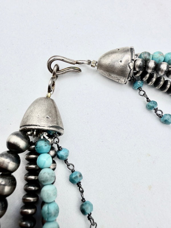 ERICK BEGAY NATIVE HANDMADE NAVAJO PEARLS & KINGMAN TURQUOISE BEADED MULTISTRANDS NECKLACE 21" (NP 71)