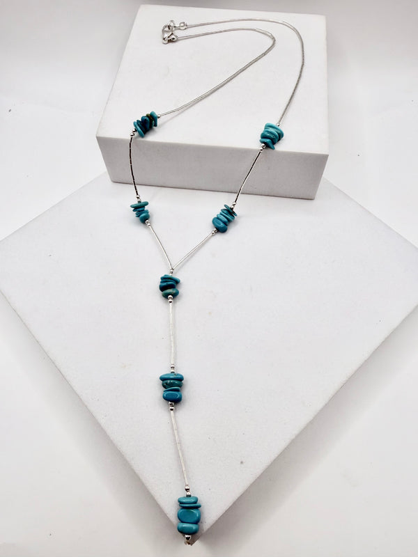 LIQUID SILVER KINGMAN TURQUOISE BEADED LARIAT 18" (NP 72)