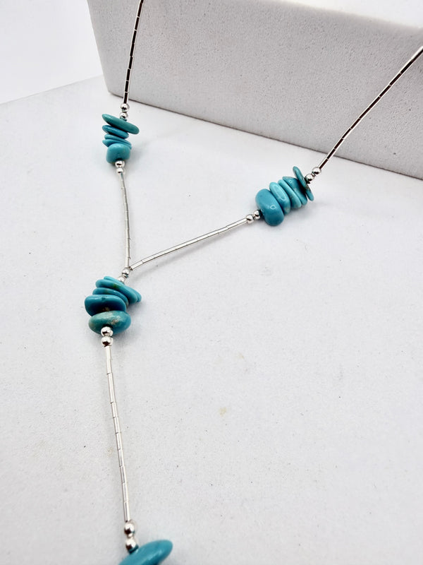 LIQUID SILVER KINGMAN TURQUOISE BEADED LARIAT 18" (NP 72)