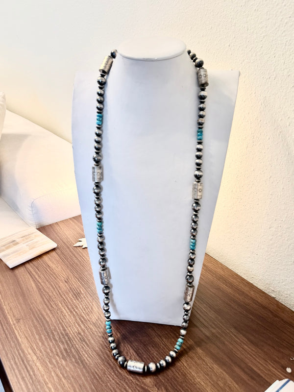 NATIVE HANDMADE MASSIVE SHOTGUNSHELL & SPIDERWEB KINGMAN TURQUOISE 40" NECKLACE (JD 32)