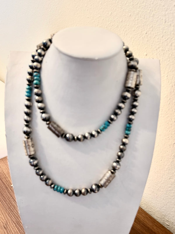 NATIVE HANDMADE MASSIVE SHOTGUNSHELL & SPIDERWEB KINGMAN TURQUOISE 40" NECKLACE (JD 32)
