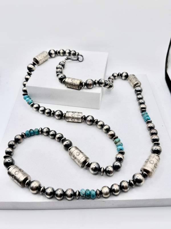NATIVE HANDMADE MASSIVE SHOTGUNSHELL & SPIDERWEB KINGMAN TURQUOISE 40" NECKLACE (JD 32)