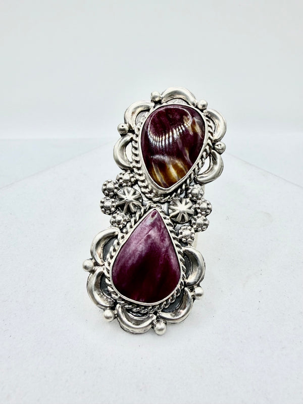 ANITA WHITEGOAT NATIVE HANDMADE PURPLE & SUNSET SPINY DOUBLE STONE RING 9.5" (JD 33)