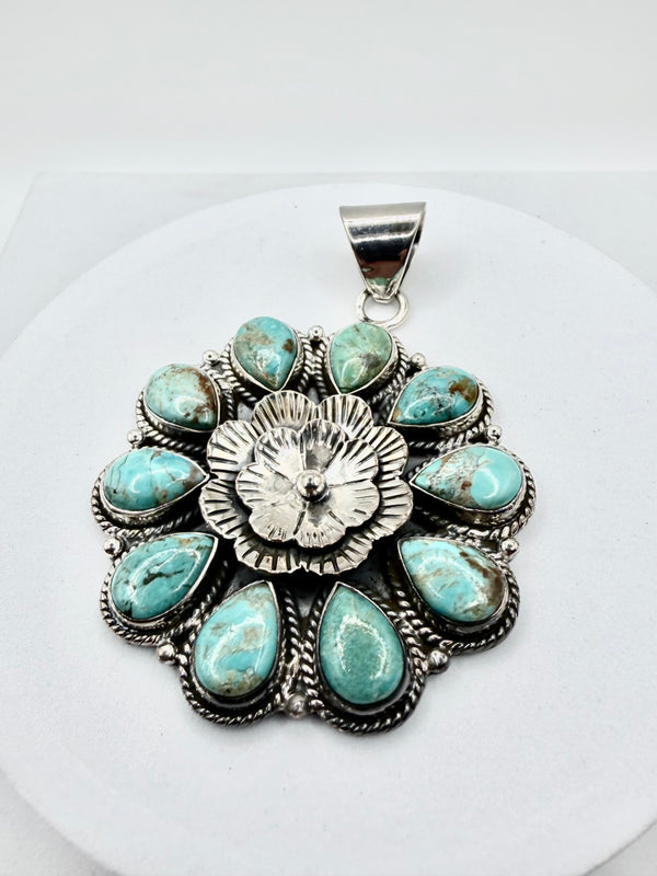 MINE 8 TURQUOISE CLUSTER STERLING SILVER FLOWER PENDANT 3" (JD 38)