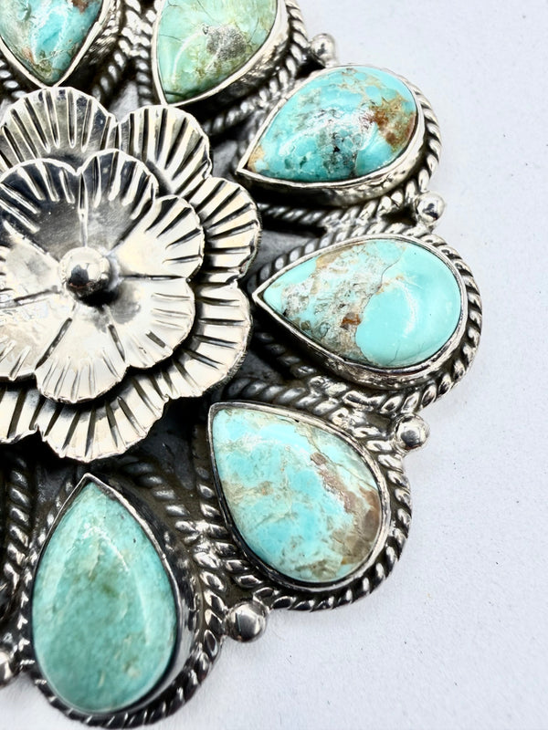 MINE 8 TURQUOISE CLUSTER STERLING SILVER FLOWER PENDANT 3" (JD 38)