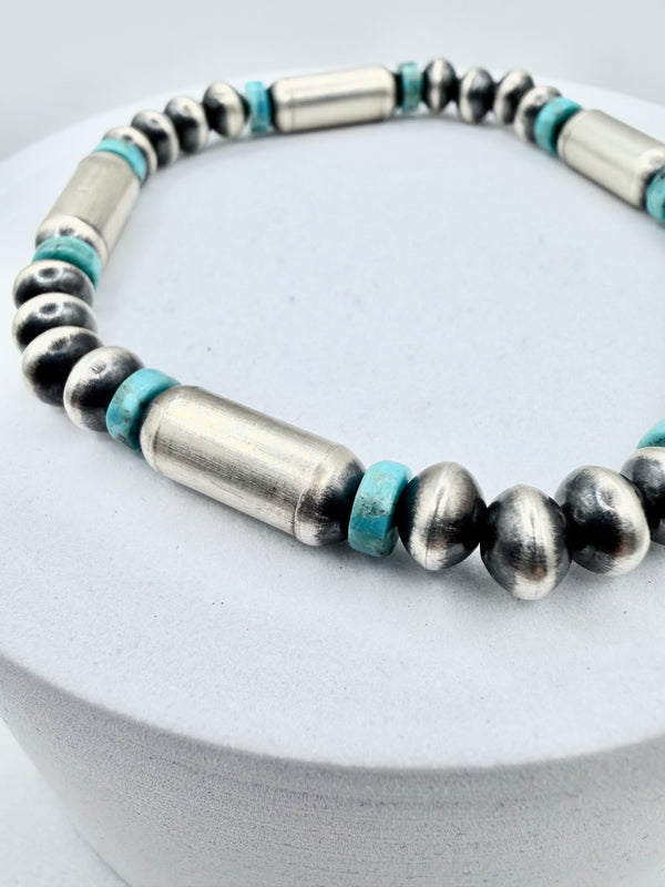 NATIVE HANDMADE SAUCER PEARLS KINGMAN TURQUOISE & BARREL BEADS STRETCH BRACELET (JD 40)