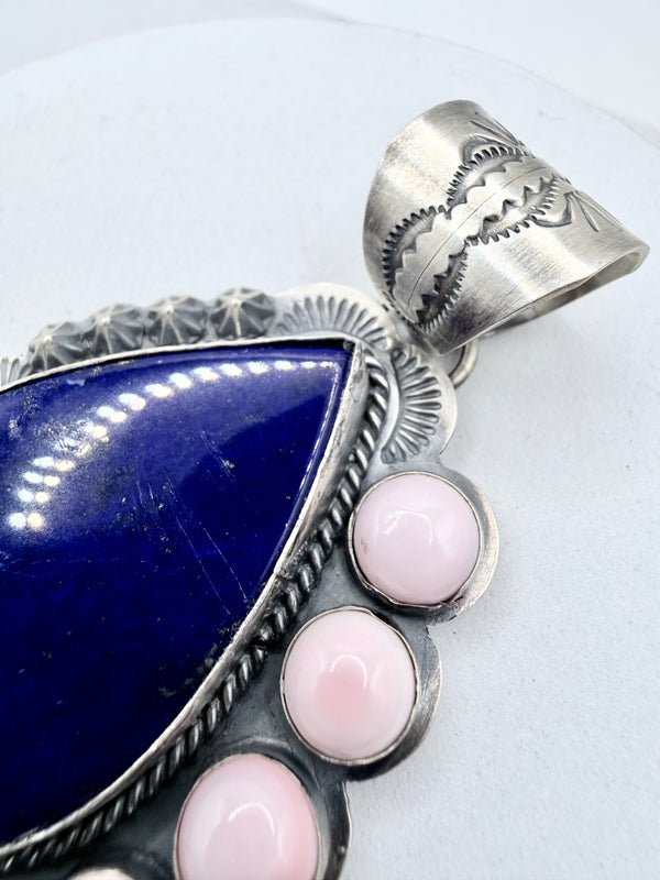 GILBERT PLATERO NATIVE HANDMADE PINK CONCH & LAPIS LAZULI STATEMENT PENDANT 3" (JD 47)
