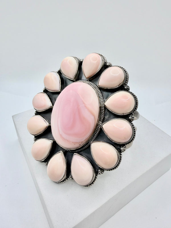 TIMMY YAZZIE NATIVE HANDMADE PINK CONCH CLUSTER ADJUSTABLE STATEMENT CUFF 3x3" (JD 17)